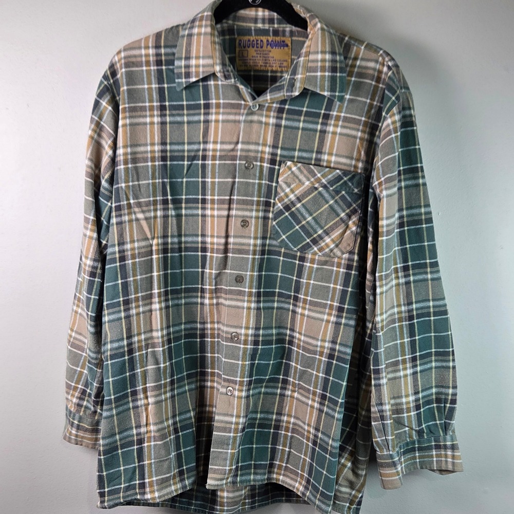 Rugged Point Flannel Shirt Mens L Green Plaid Excellent Long Sleeve Cotton